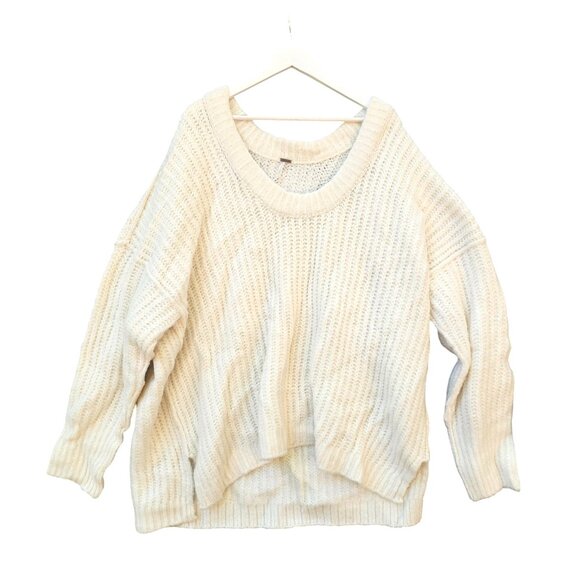 Free People Medium Blue Bell V-Neck Pullover Sweater Oversize Slouchy Ivory Cozy - Picture 4 of 14